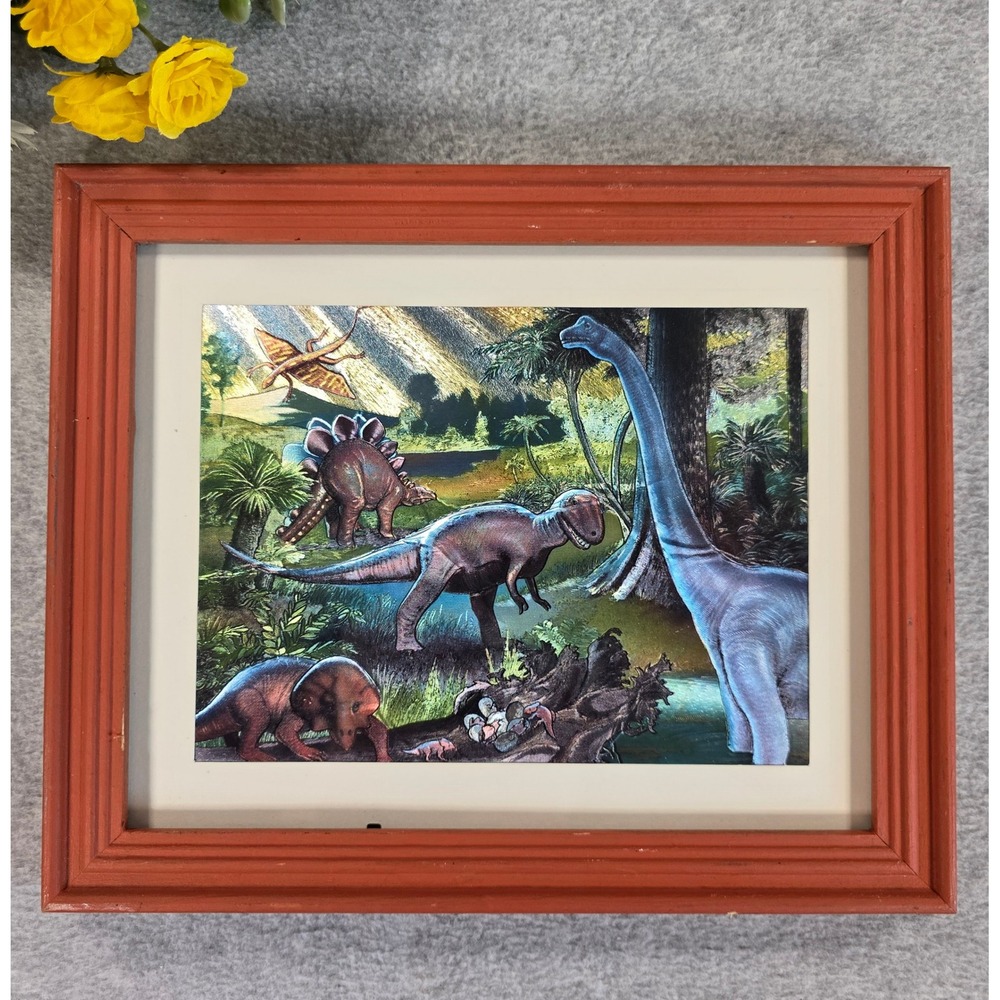Vintage Dinosaur Lenticular Holographic Framed Art Print T-Rex Brachiosaurus